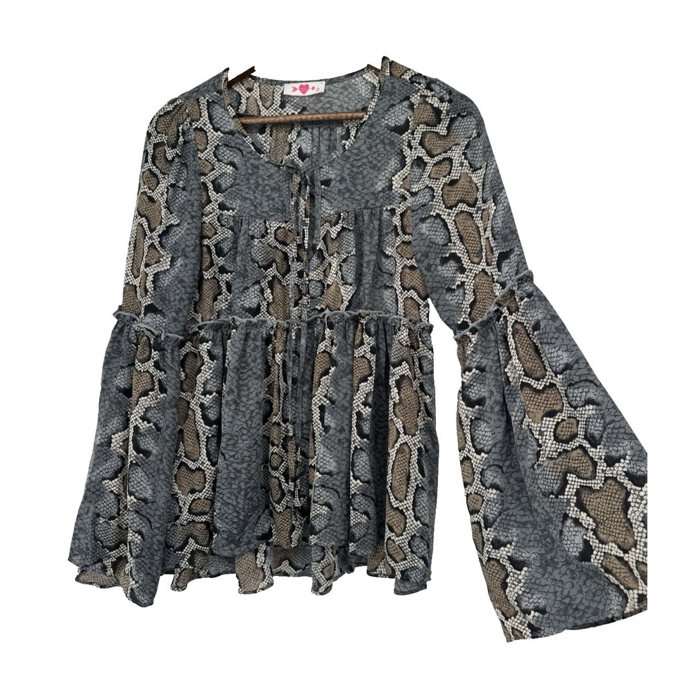 Buddy Love XS snake‎ print blouse bell sleeve tie front Boho Festival mob wife
